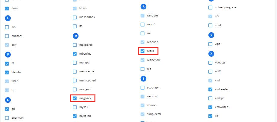 PHP Selector - extensies redis en msgpack aangevinkt